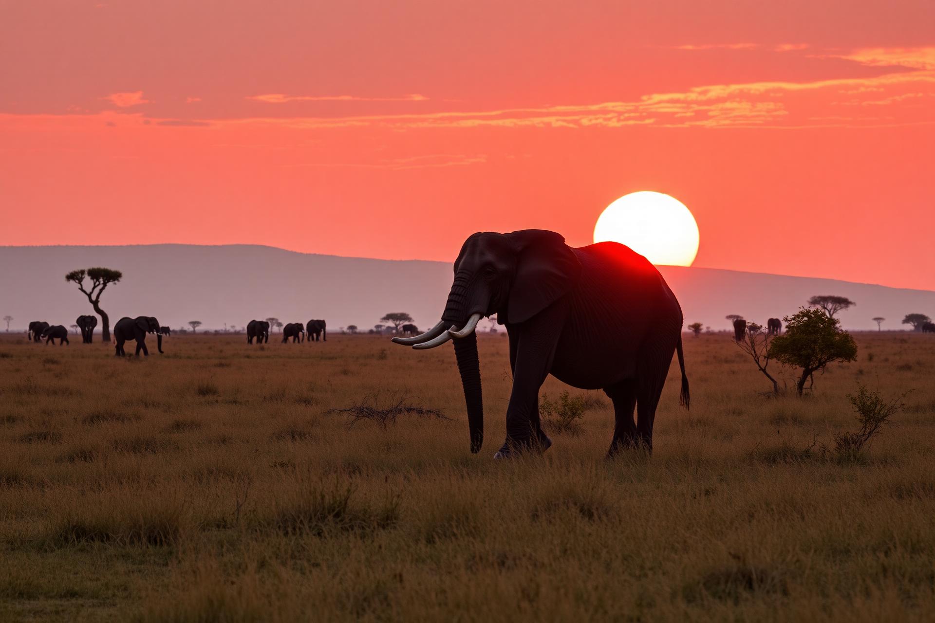 Elephant at sunset on the African savanna, planned via Safari Hunts AI