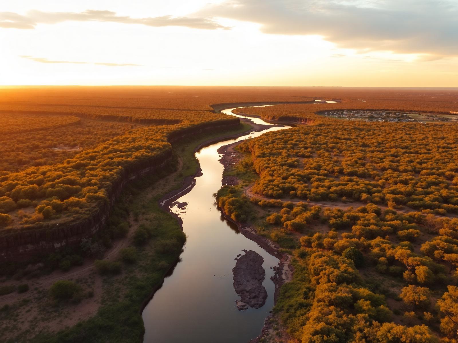 Aerial view of a river through African bushveld